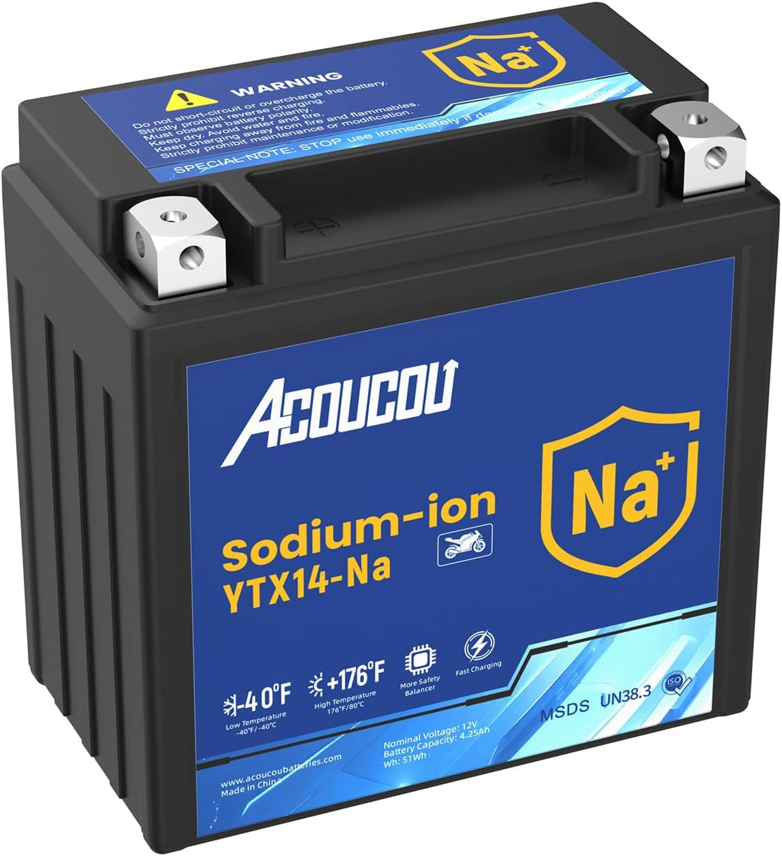 Acoucou YTX14-BS Motorcycle Battery, 12V Sodium-Ion Battery, 250CCA, High Performance Rechargeable Maintenance Free Batteries For Motorcycles, ATV, Lawn Mowers, Scooter,UTV, ect.