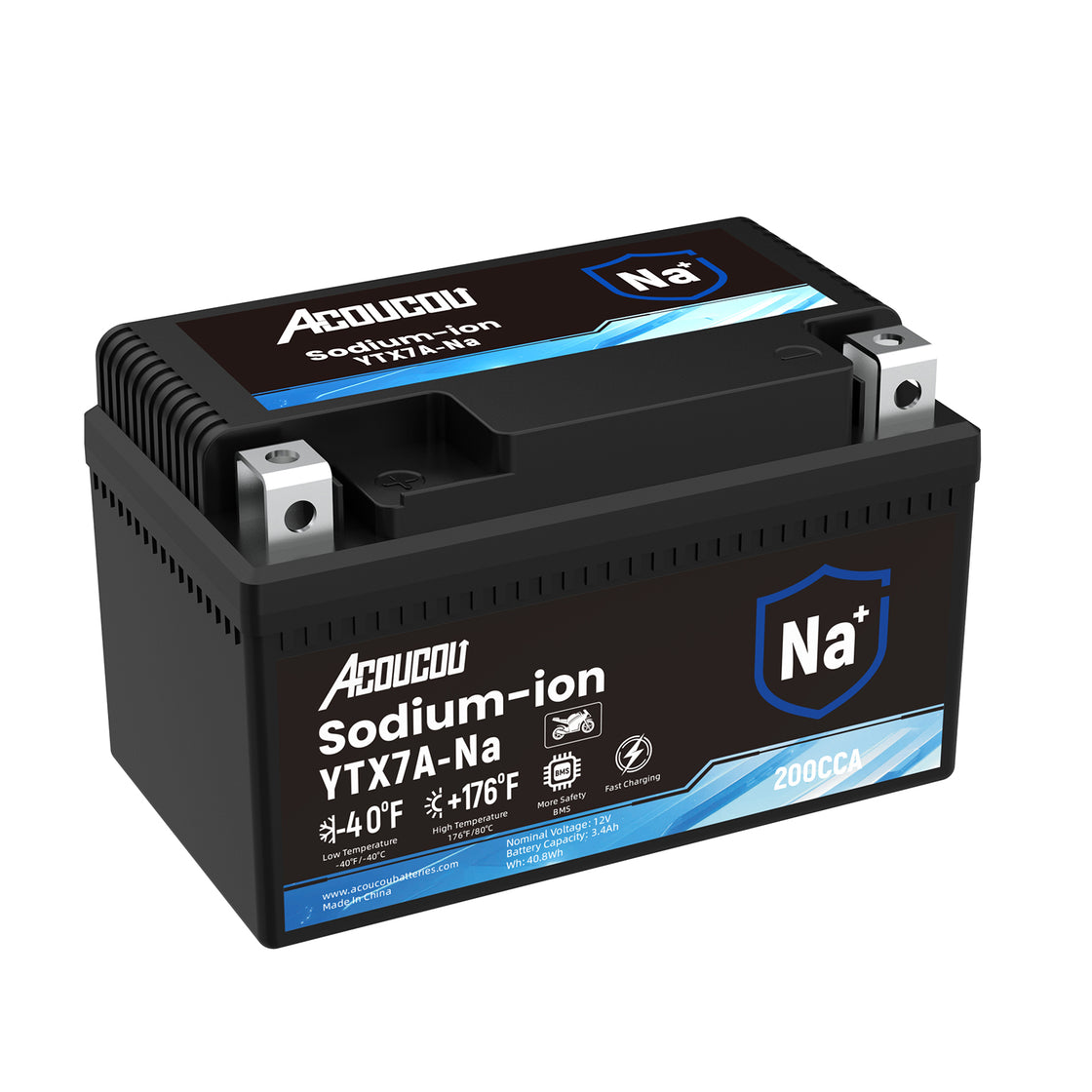 Acoucou YTX7A-BS Motorcycle Battery, 12V Sodium-Ion Battery, 200CCA, For Motorcycles, ATV, Lawn Mowers, Dirt Bike,Tractors, Scooter, UTV. Replacement for YTX7A BS Lead-acid and Lithium Batteries