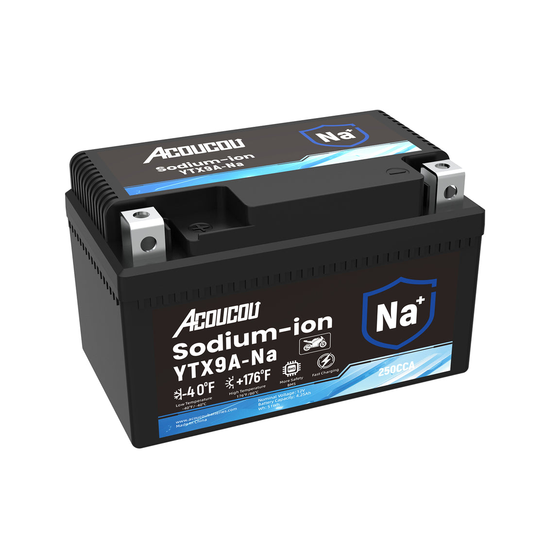 Acoucou YTX9 BS YTX9A-BS Motorcycle Battery, YTX9-BS12V 4.25Ah Sodium-Ion Battery, 250CCA, For Motorcycles, ATV, Lawn Mowers, Tractors