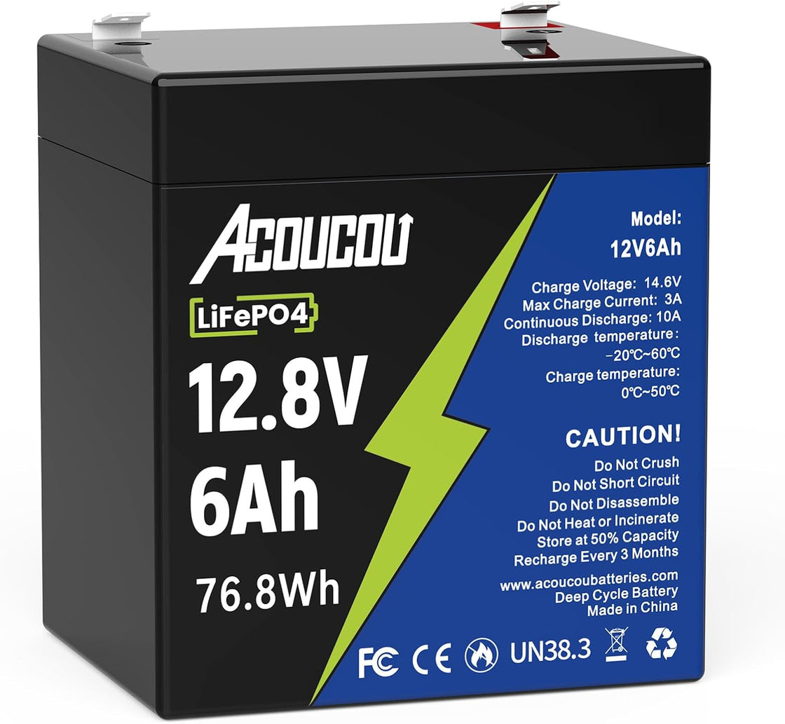 Acoucou 12V 6Ah LiFePO4 Battery, Small Battery with BMS for Off-Grid Fish Finder power wheels