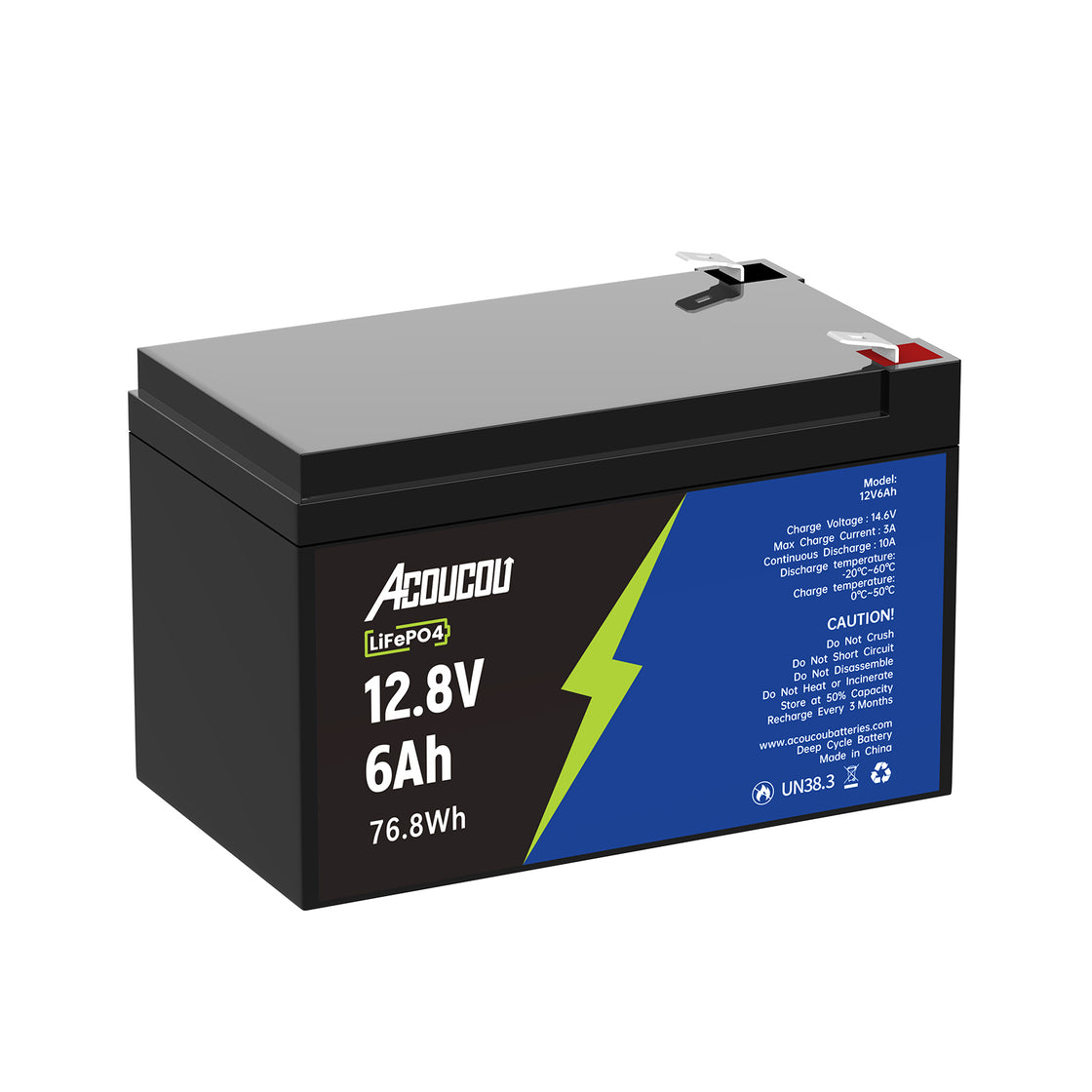 Acoucou 12V 6Ah LiFePO4 Battery, Small Battery with BMS for Off-Grid Fish Finder power wheels