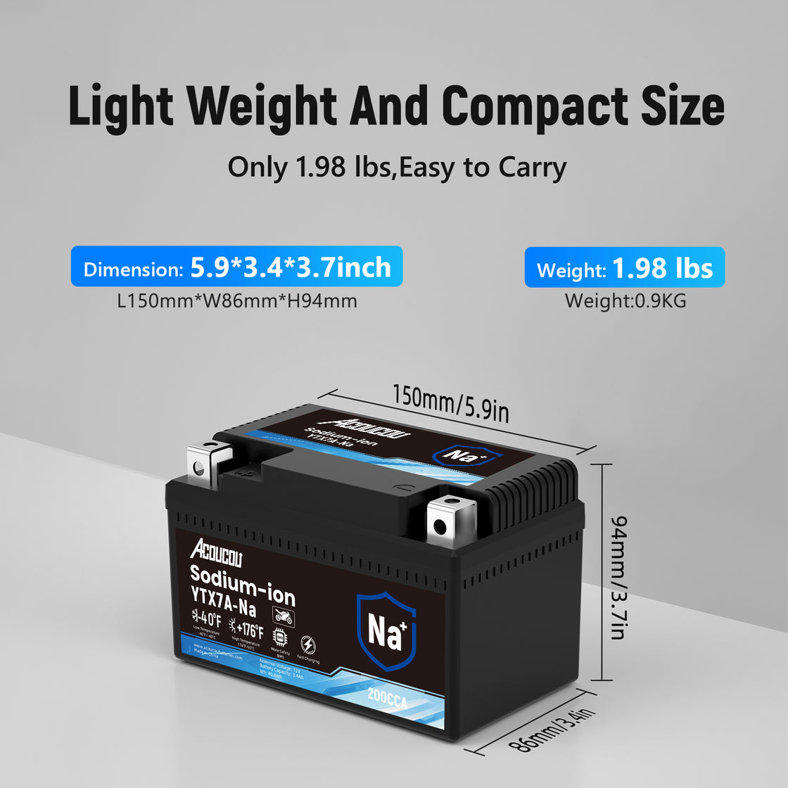 Acoucou YTX7A-BS Motorcycle Battery, 12V Sodium-Ion Battery, 200CCA, For Motorcycles, ATV, Lawn Mowers, Dirt Bike,Tractors, Scooter, UTV. Replacement for YTX7A BS Lead-acid and Lithium Batteries