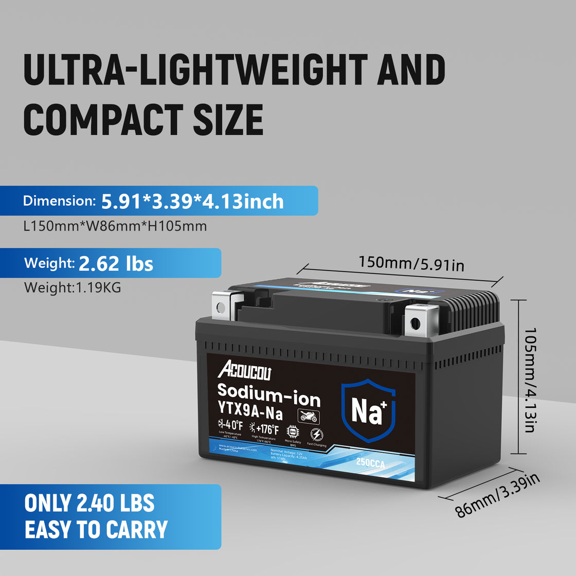 Acoucou YTX9 BS YTX9A-BS Motorcycle Battery, YTX9-BS12V 4.25Ah Sodium-Ion Battery, 250CCA, For Motorcycles, ATV, Lawn Mowers, Tractors