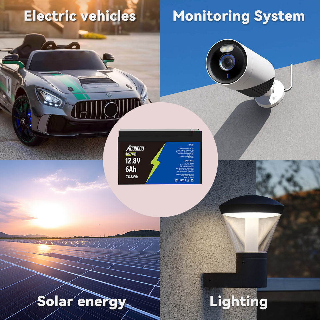 Acoucou 12V 6Ah LiFePO4 Battery, Small Battery with BMS for Off-Grid Fish Finder power wheels