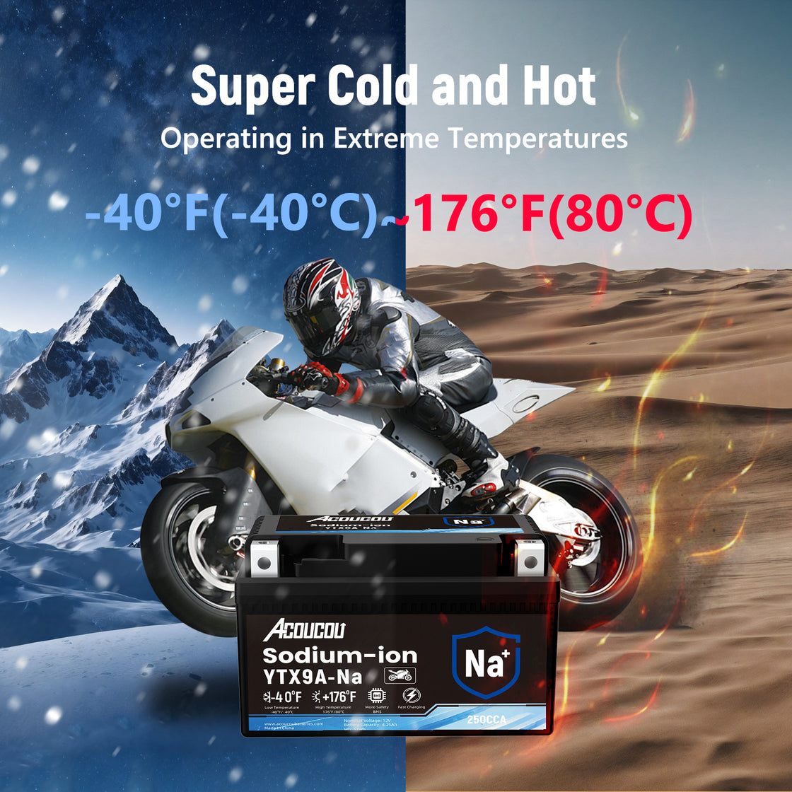 Acoucou YTX9 BS YTX9A-BS Motorcycle Battery, YTX9-BS12V 4.25Ah Sodium-Ion Battery, 250CCA, For Motorcycles, ATV, Lawn Mowers, Tractors