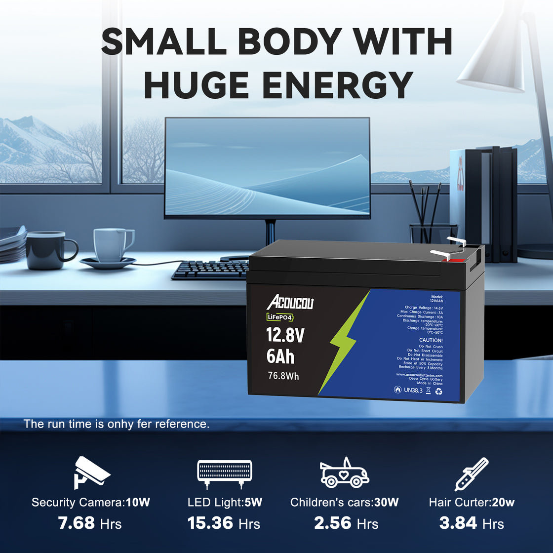 Acoucou 12V 6Ah LiFePO4 Battery, Small Battery with BMS for Off-Grid Fish Finder power wheels