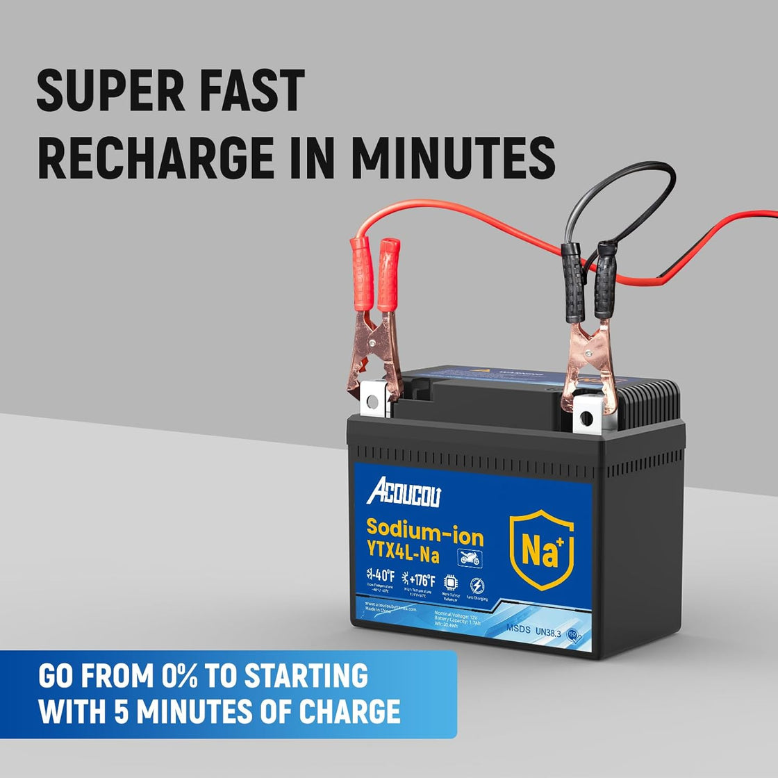 Acoucou YTX4L-BS Motorcycle Battery, 12V Sodium-Ion Battery, 140CCA, High Performance Rechargeable Maintenance Free Batteries For Motorcycles, ATV, Lawn Mowers, Scooter,UTV, ect.