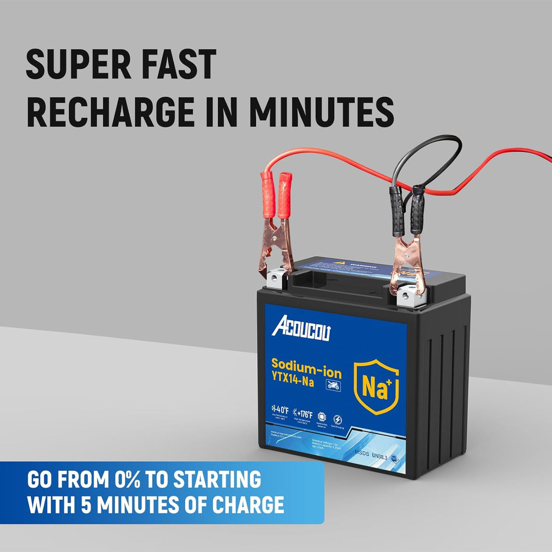 Acoucou YTX14-BS Motorcycle Battery, 12V Sodium-Ion Battery, 250CCA, High Performance Rechargeable Maintenance Free Batteries For Motorcycles, ATV, Lawn Mowers, Scooter,UTV, ect.