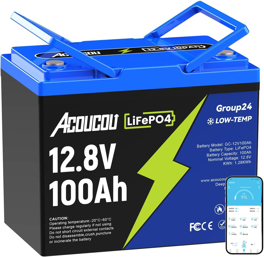 Acoucou 12V 100Ah LiFePO4 Group 24 Battery with Bluetooth for RV,Trolling Motor,Marine,Solar