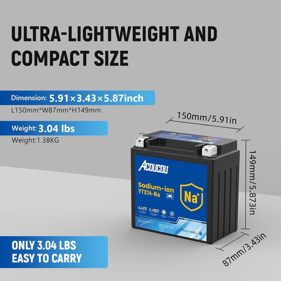 Acoucou YTX14-BS Motorcycle Battery, 12V Sodium-Ion Battery, 250CCA, High Performance Rechargeable Maintenance Free Batteries For Motorcycles, ATV, Lawn Mowers, Scooter,UTV, ect.