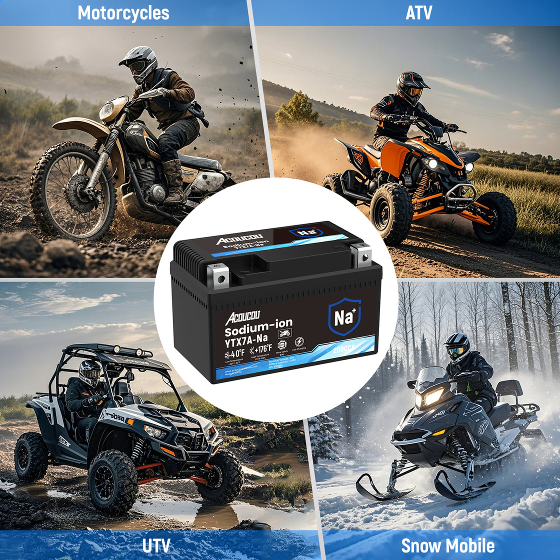 Acoucou YTX7A-BS Motorcycle Battery, 12V Sodium-Ion Battery, 200CCA, For Motorcycles, ATV, Lawn Mowers, Dirt Bike,Tractors, Scooter, UTV. Replacement for YTX7A BS Lead-acid and Lithium Batteries