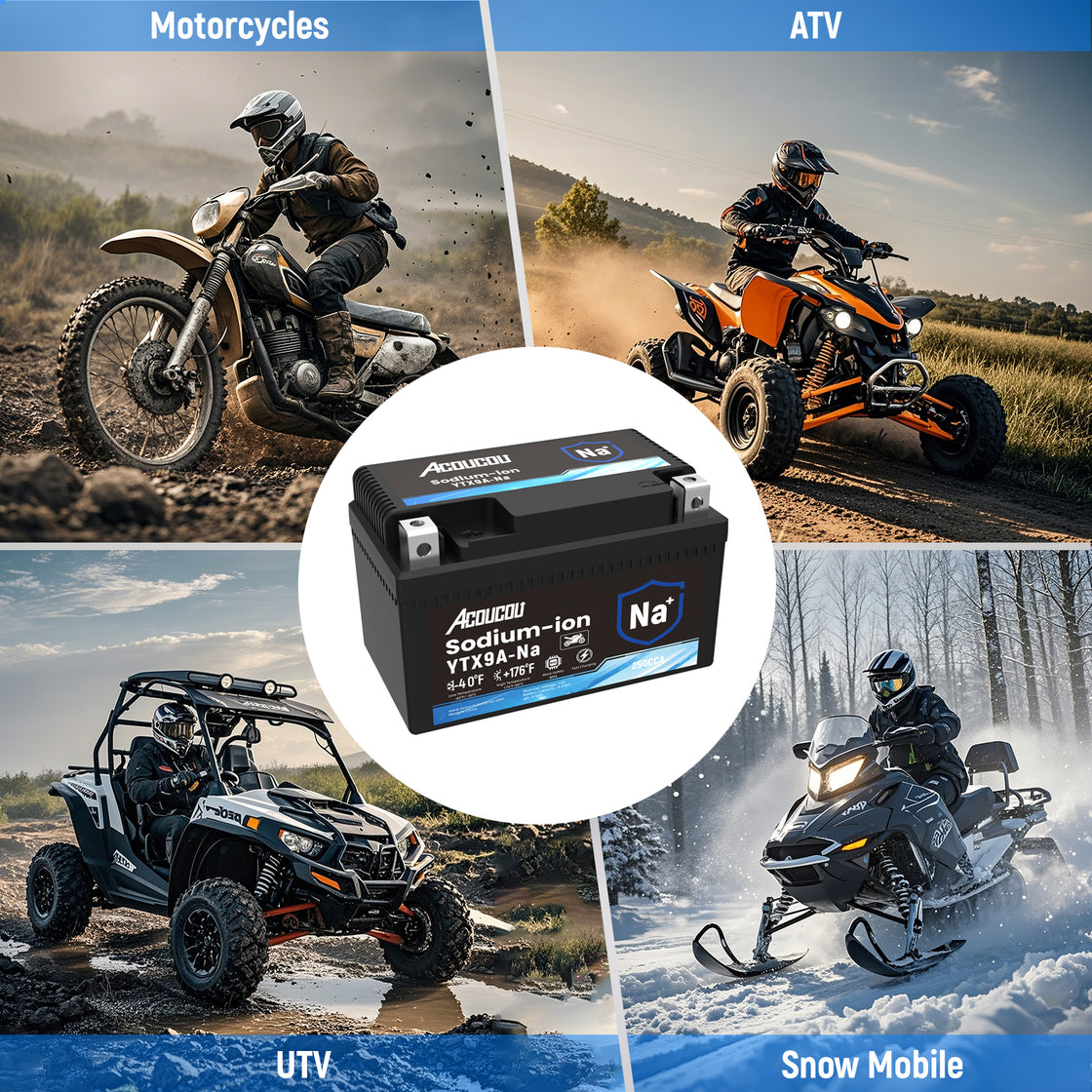 Acoucou YTX9 BS YTX9A-BS Motorcycle Battery, YTX9-BS12V 4.25Ah Sodium-Ion Battery, 250CCA, For Motorcycles, ATV, Lawn Mowers, Tractors