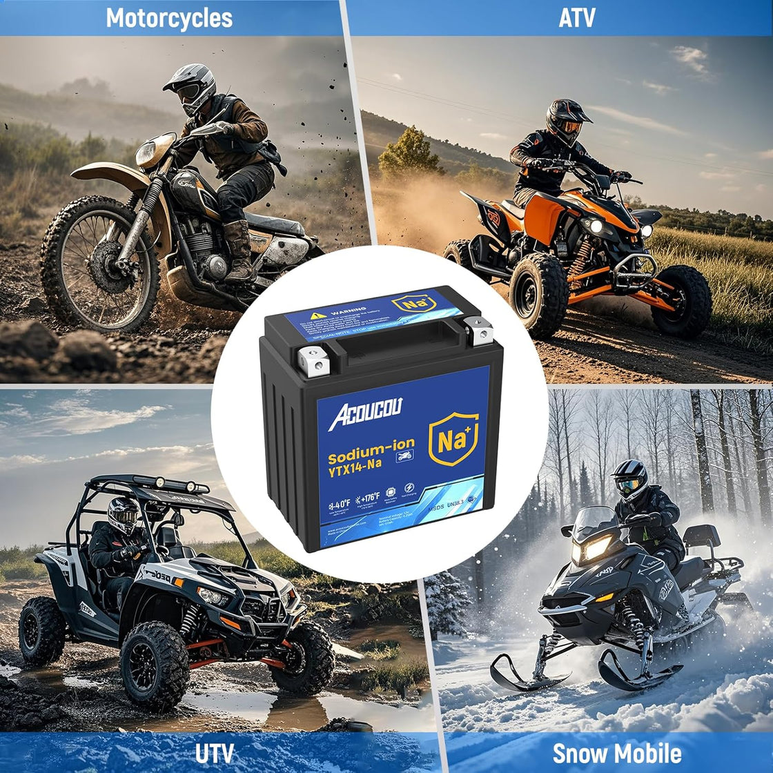 Acoucou YTX14-BS Motorcycle Battery, 12V Sodium-Ion Battery, 250CCA, High Performance Rechargeable Maintenance Free Batteries For Motorcycles, ATV, Lawn Mowers, Scooter,UTV, ect.