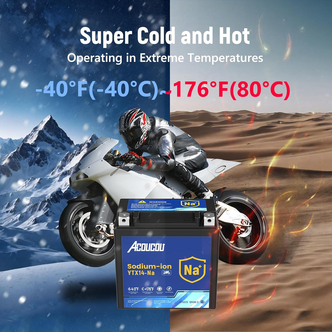 Acoucou YTX14-BS Motorcycle Battery, 12V Sodium-Ion Battery, 250CCA, High Performance Rechargeable Maintenance Free Batteries For Motorcycles, ATV, Lawn Mowers, Scooter,UTV, ect.