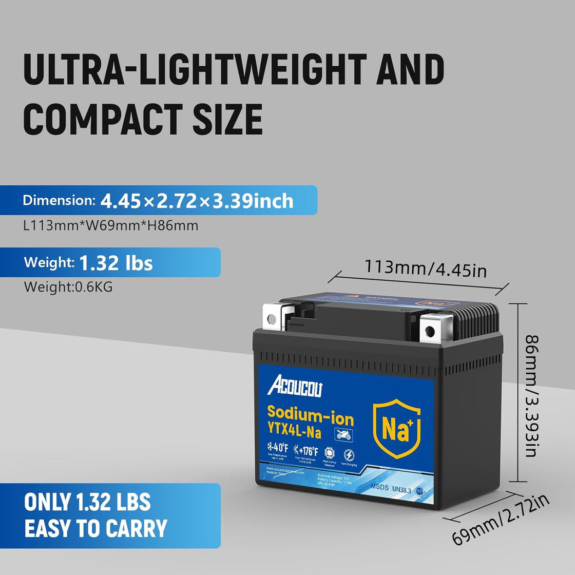 Acoucou YTX4L-BS Motorcycle Battery, 12V Sodium-Ion Battery, 140CCA, High Performance Rechargeable Maintenance Free Batteries For Motorcycles, ATV, Lawn Mowers, Scooter,UTV, ect.